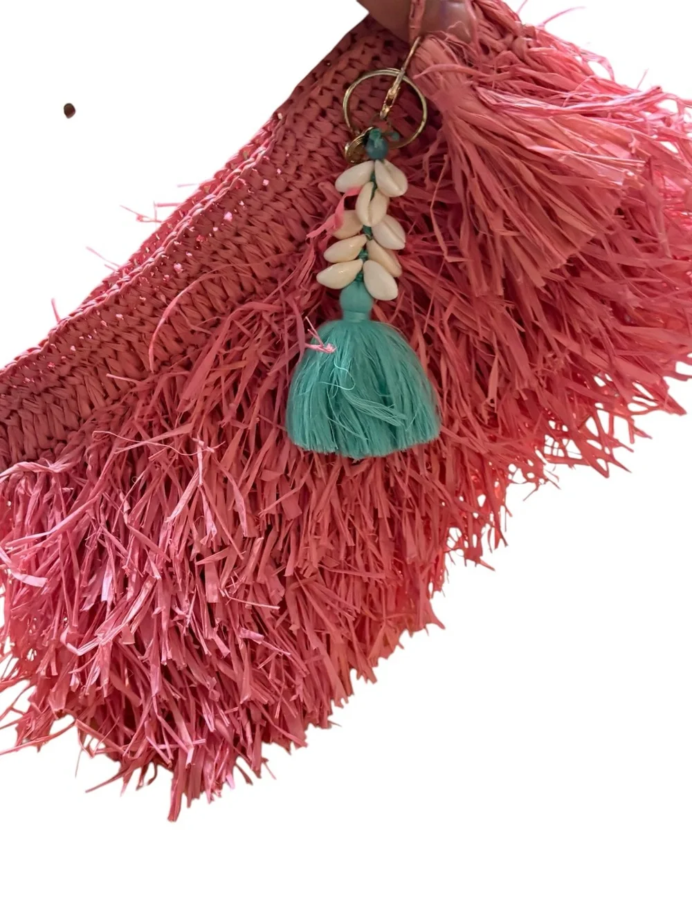 Pink Raffia Fringe Clutch with Tassel